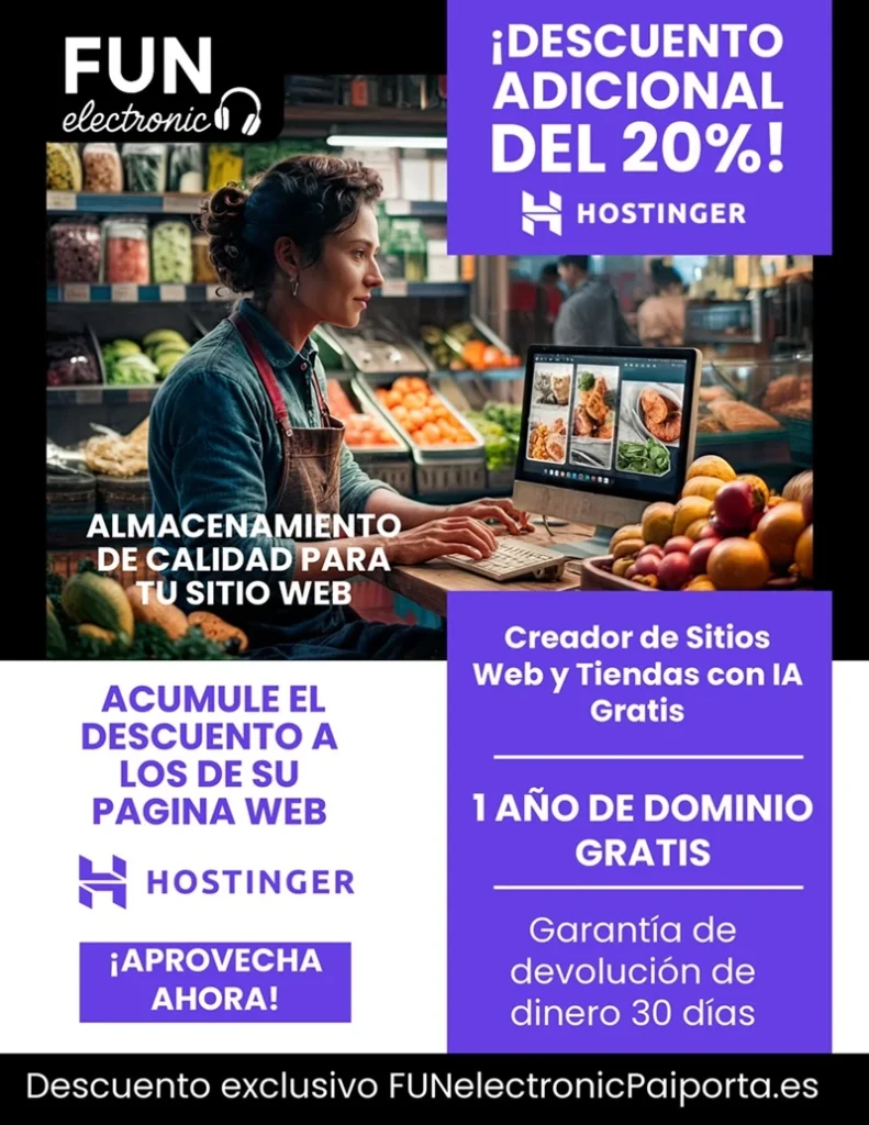 Cartel de anuncio, 20% descuento en Hostinguer. En la foto sale una fruteria y la dueña contenta creando la pagina web de su negocio.