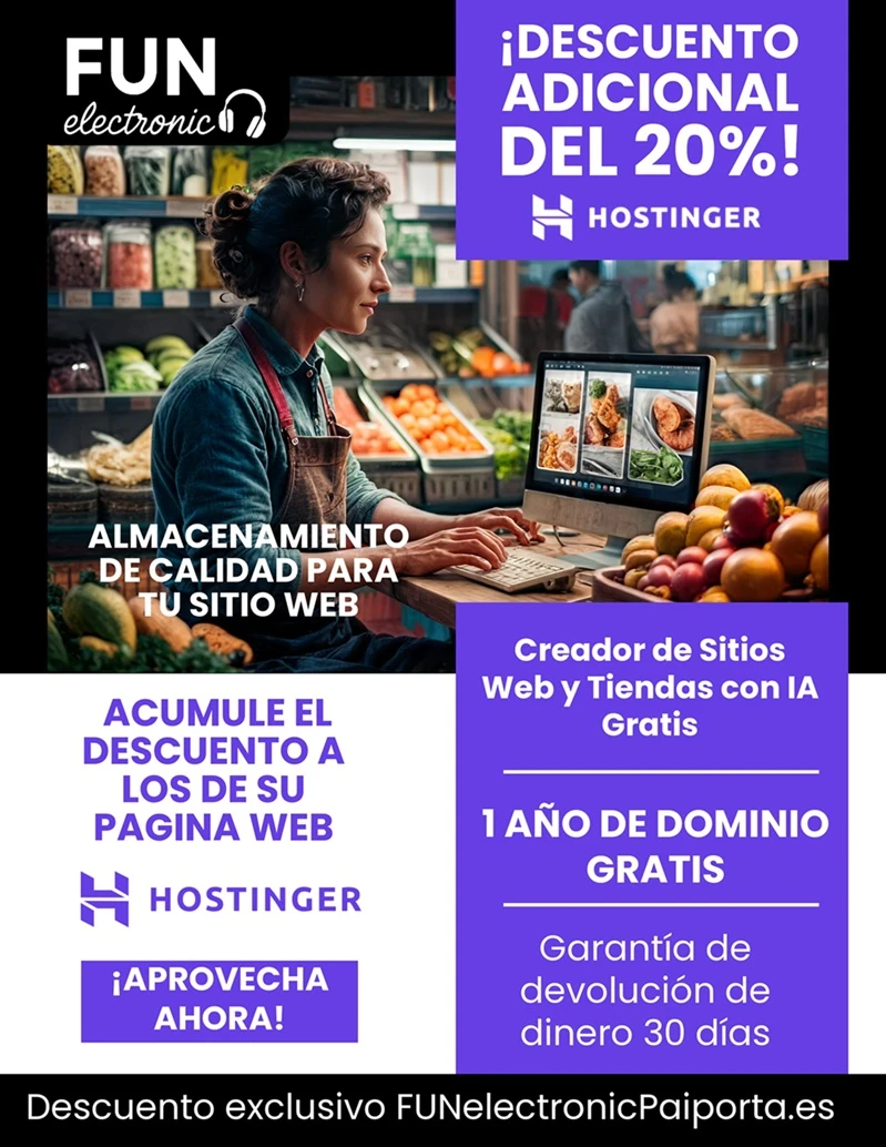 Cartel de anuncio, 20% descuento en Hostinguer. En la foto sale una fruteria y la dueña contenta creando la pagina web de su negocio.
